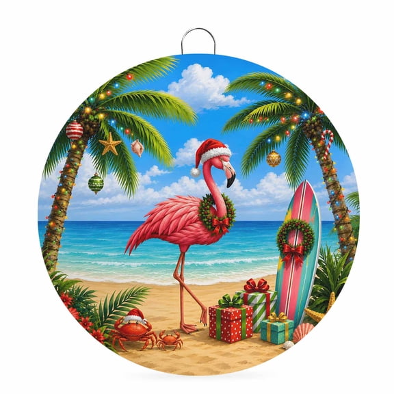 Welcome Sign for Front Door, Christmas Flamingo Round Metal Wall Art Wreaths, Winter Coastal Beach Coconut Tree Outdoor Indoor Wall Hanging Sign for Porch Decor Housewarming Gifts 7.9 Inch