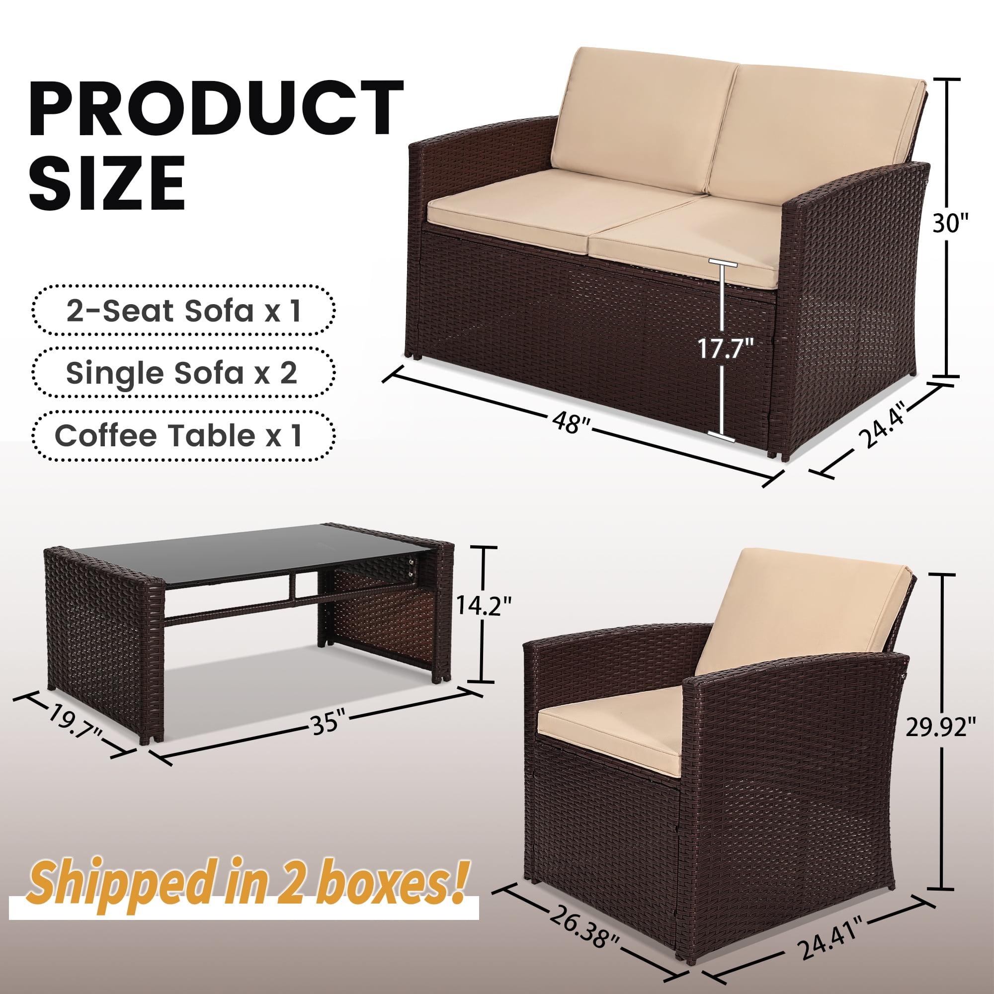 TUAREX Outdoor 4 Piece Wicker Patio Furniture Set, Waterproof Rattan Sectional Sofa with Thick Cushions, Perfect for Patio, Garden, Porch & Backyard, Brown Rattan and Beige Cushion
