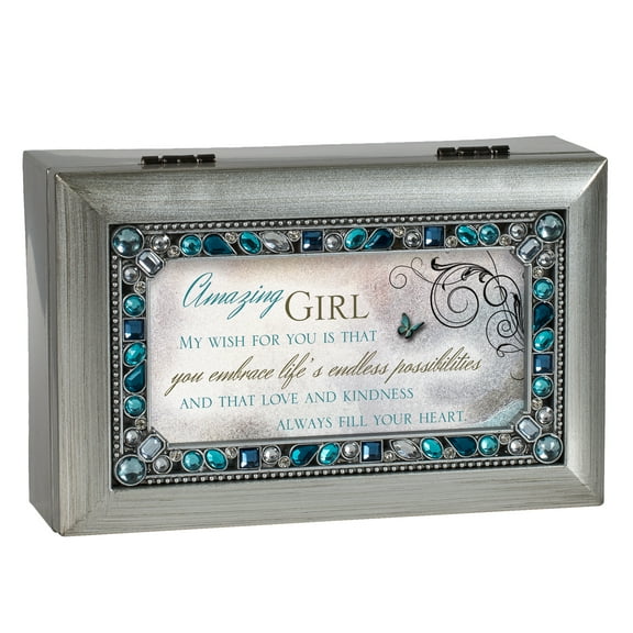 Amazing Girl Jeweled Silver Finish Jewelry Music Box - Plays Tune You Light U...