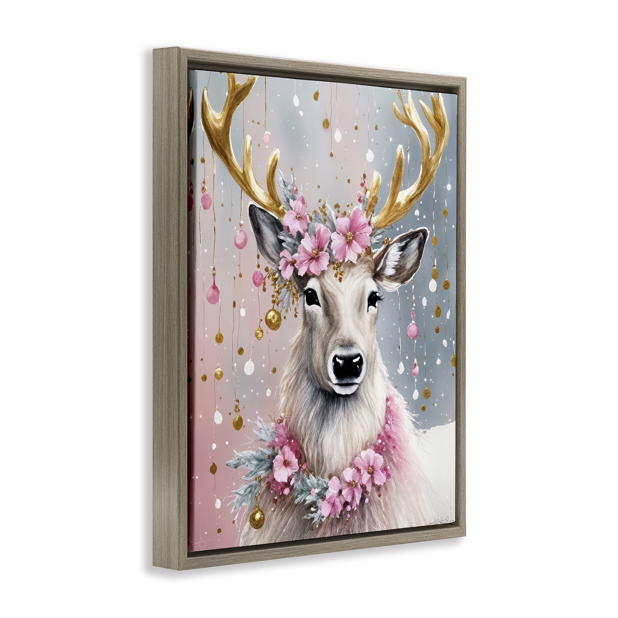 Stupell Industries Pink Floral Festive Reindeer Holiday Painting Brown Floater Framed Canvas Art Prints Wall Art, 17 x 21