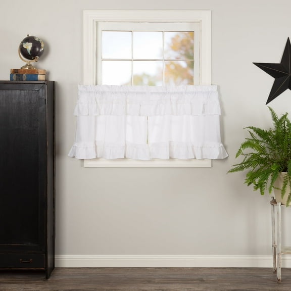 VHC Brands Muslin Ruffled Bleached White Tier Set of 2 Farmhouse Cotton Window Treatment for Living Room or Kitchen 24" Lx36 W