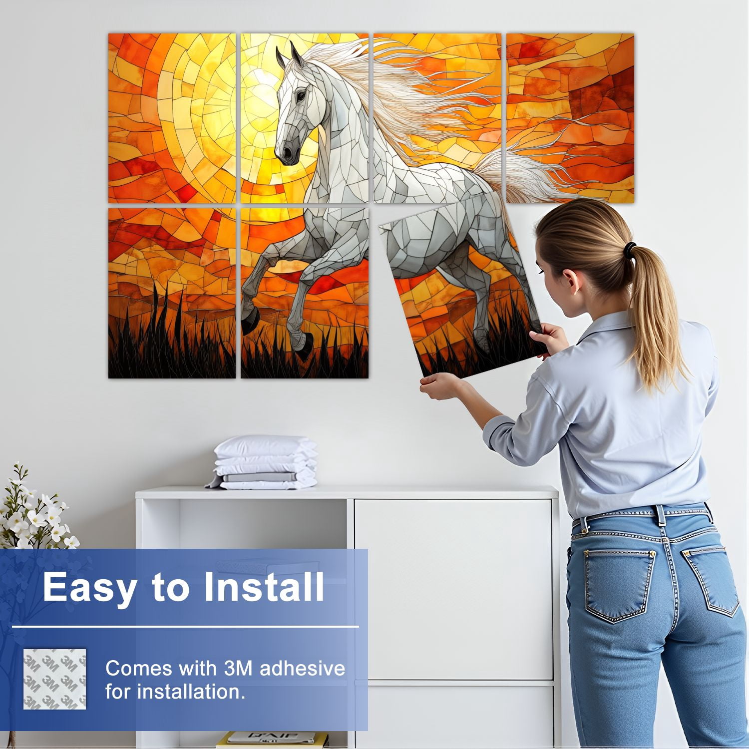 Stained Glass Style 8 Pack Art Acoustic Panels Sound Absorbing White Horse Sunset Decorative Soundproof Wall Panels Self Adhesive for Nursery Game Room Bedroom 48"x32"
