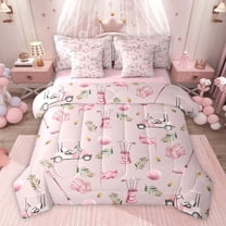 Feelyou Cartoon Golf Print Twin Bedding Sets 7-Piece for Kids, Pink Sports Gloves Car Bedding Comforter Set, Leaf Botanical Reversible Sheet Sets, Microfiber Bedroom Decor