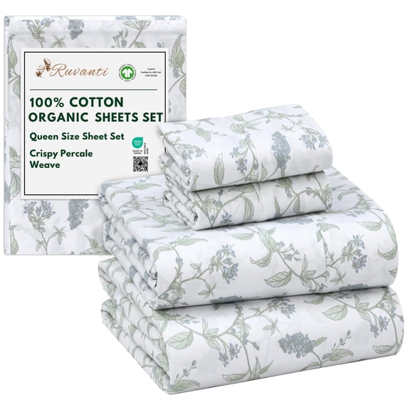 RUVANTI 100% Organic Cotton Sheets - Queen Sheet Set - 4 Piece Percale Weave Bedding, Crisp, Cooling & Breathable, Soft & Durable, 15" Deep Pocket, Hotel Quality Sábanas - Vine Yard