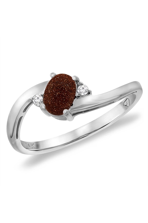 14K White Gold Diamond Natural Goldstone Bypass Engagement Ring Oval 6x4 mm, size 8