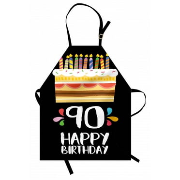 90th Birthday Apron Colorful Party Set Up on a Black Background with Cake Candles Artistic Design, Unisex Kitchen Bib Apron with Adjustable Neck for Cooking Baking Gardening, Multicolor, by Ambesonne
