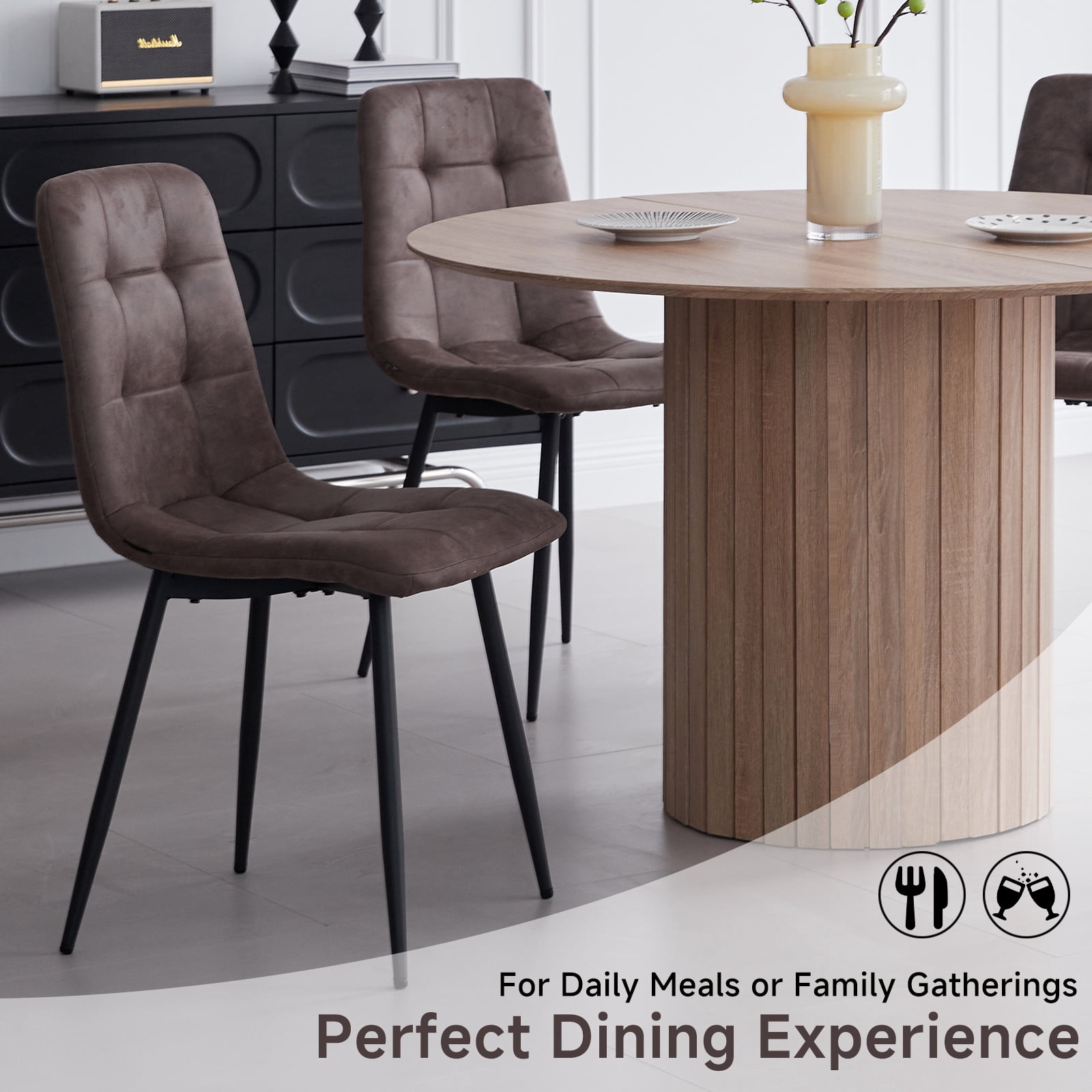 Set of 4 Velvet Dining Chairs - Mid Century Modern Dinning Chair, Upholstered Cushion Seat, Square-Patterned Backrest, Brown, Dinner Chairs with Metal Legs for Dining Living Room, Bedroom