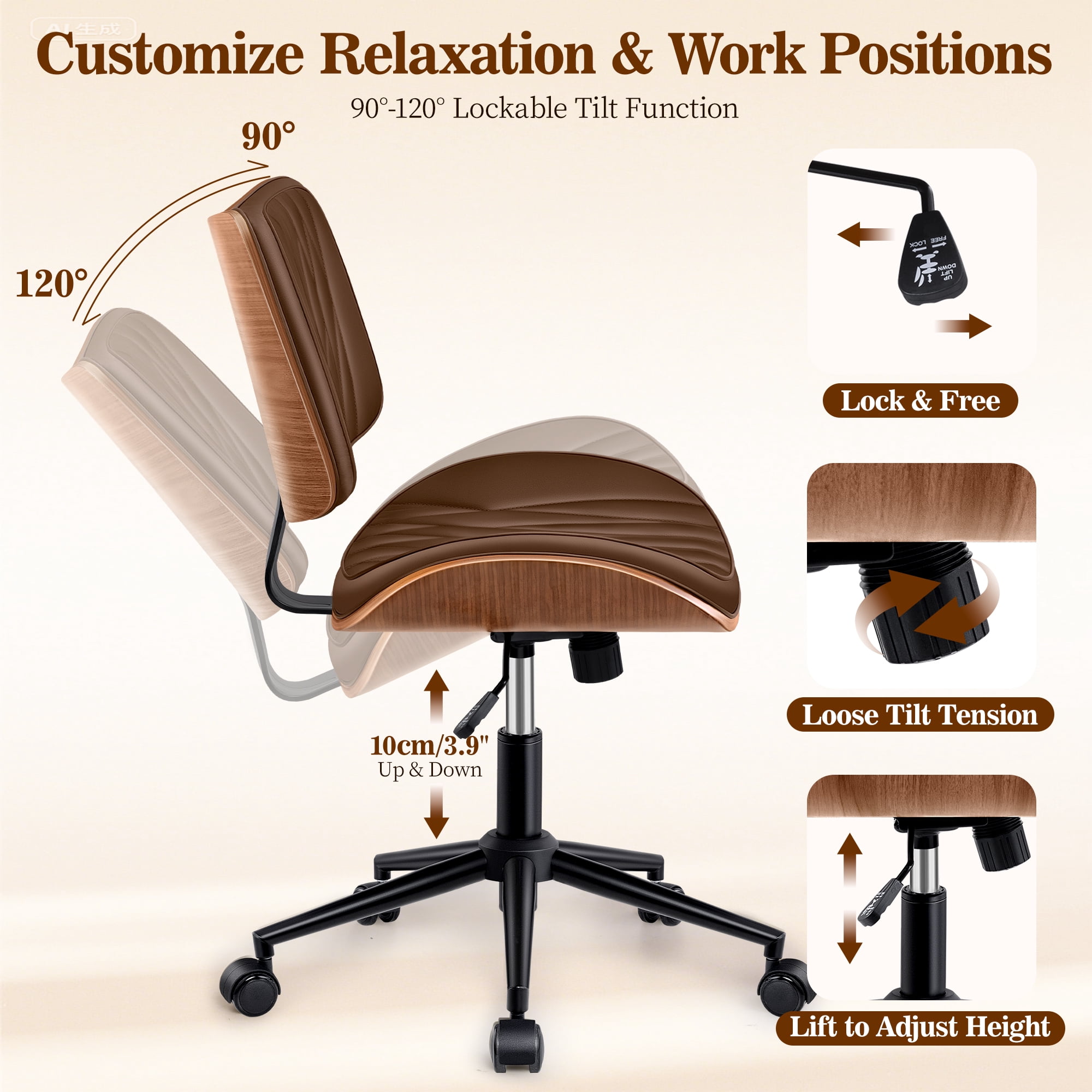 COOLHUT Home Office Chair, Armless Adjustable Height Small Office Desk Chair, PU Leather Swivel Computer Chair, Modern Walnut Bentwood Chair for Office, Reading Meeting Room, Makeup Vanity, Khaki