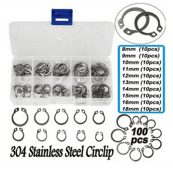 Snap Ring Set, 100 Pcs Retaining Ring Set 304 Stainless Steel External Circlip Snap Retaining Clip Ring Assortment 8-18mm Kit, Secure Parts on Grooved Shafts, Pins, Studs