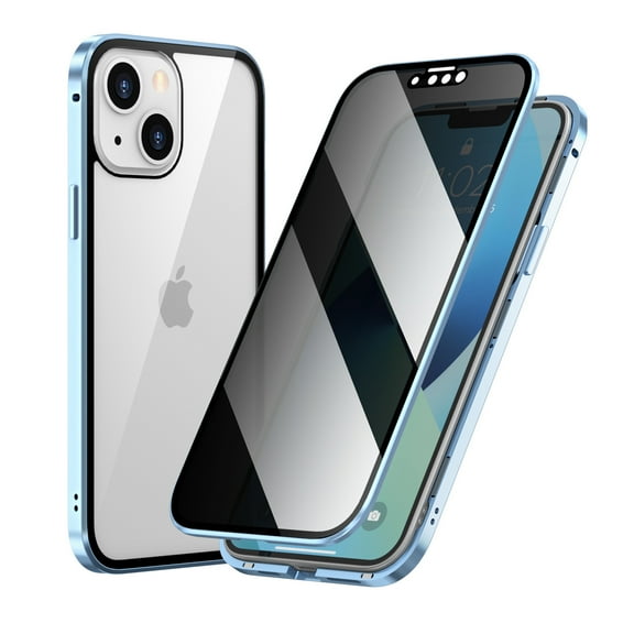 Privacy Magnetic Case Compatible with iPhone 15 Pro Max Double Sided Tempered Glass Metal Bumper Full Protective Case-Blue