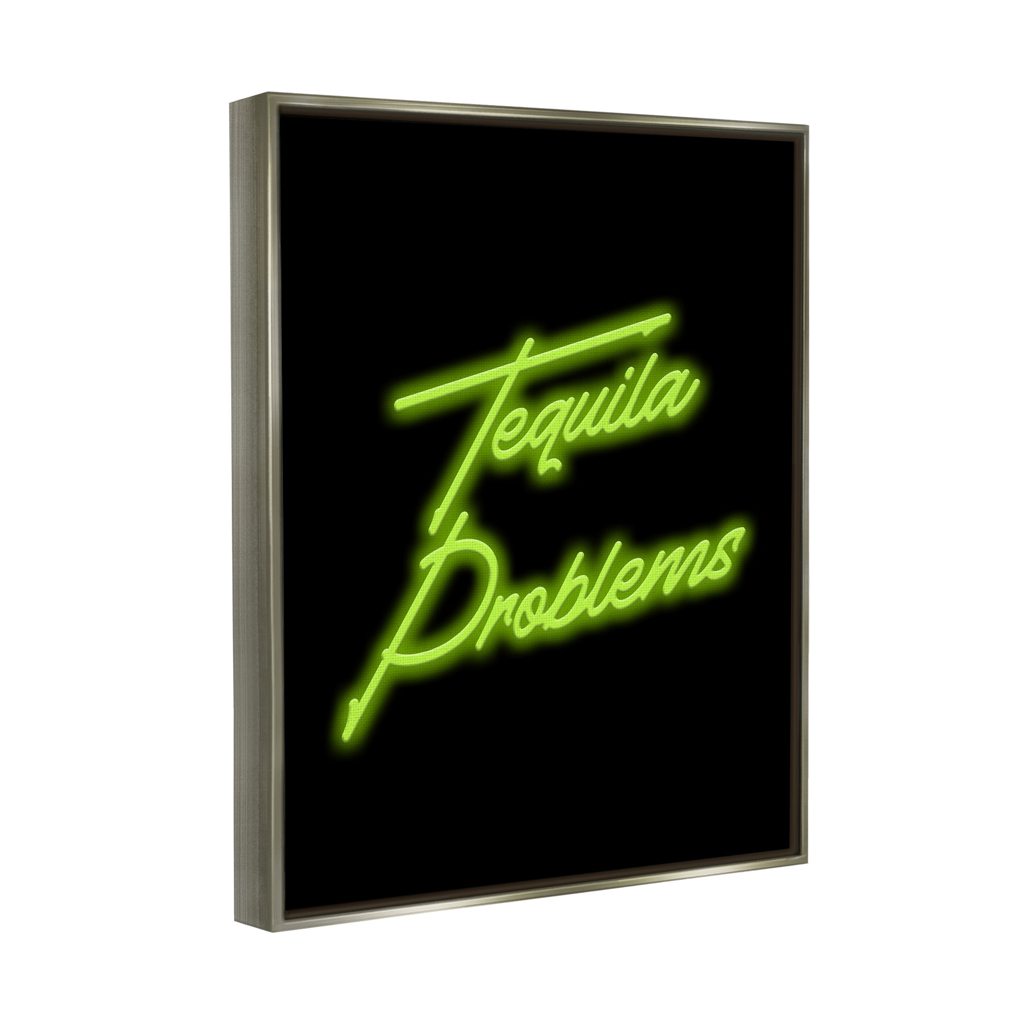 Stupell Industries Tequila Problems Neon Inspirational Painting Gray Floater Framed Canvas Art Print Wall Art, 17 x 21