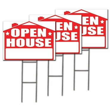 Open House 3-Pack Yard Sign - 18X24" with Stakes and 6 Directional Arrows - Fast Free Shipping!