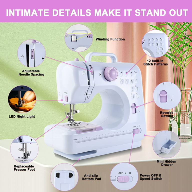Mini Sewing Machine for Beginners, Adults and Kids, Sewing Machines with  Reverse Sewing and 12 Built-in Stitches, Portable Sewing Machine