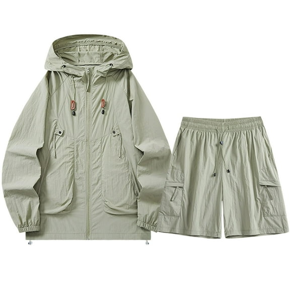 Xdegoge Mens Summer Sun Protection Jacket Set with Shorts Zipper Loose Fit Long Sleeve Jacket Outfits Pockets Outdoor Cycling Sports Workout Hooded Outdoor Mountain Sport Hooded Jacket with Shorts