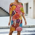 thumbnail image 2 of Sweets And Rainbow Lollipops Pattern Women's Off The Shoulder Ruffles Summer Wedding Guest Loose Casual Party Beach Dress, 2 of 9