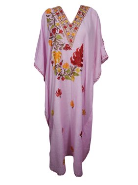 Mogul Womens Pink Floral Long Caftan Traditional Indian Kashmiri Embroidery Maxi Kaftan 3X