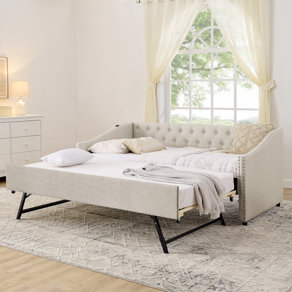 LiviNest Twin Daybed for Small Apartments: 3-in-1 Pull-out Extendable Bed with Dual USB Charging - Space-Saving Sleeper Sofa for Guest Room & Home Office - Beige Upholstery with Button-Tufted Back