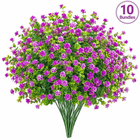 10 Bundles Artificial Fake Flowers, Faux Outdoor Plastic Plants UV Resistant Shrubs Outside Indoor Decorations