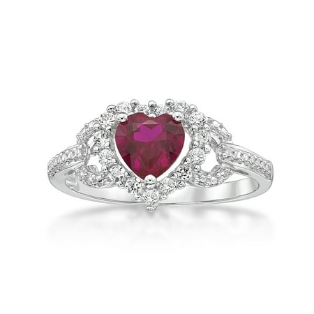 Lab Created Ruby Heart - Sterling Silver Lab Created Ruby and Created White Sapphire Heart Ring