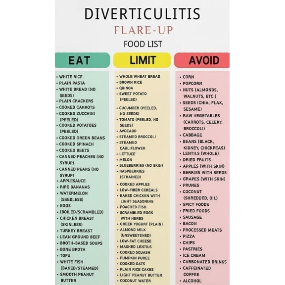 Diverticulitis Food List Diet Chart Poster Foods to Eat and Avoid During Flare Up vs Prevention High Low Fiber Guide for Digestive Health Kitchen Clinic Office Decor poster