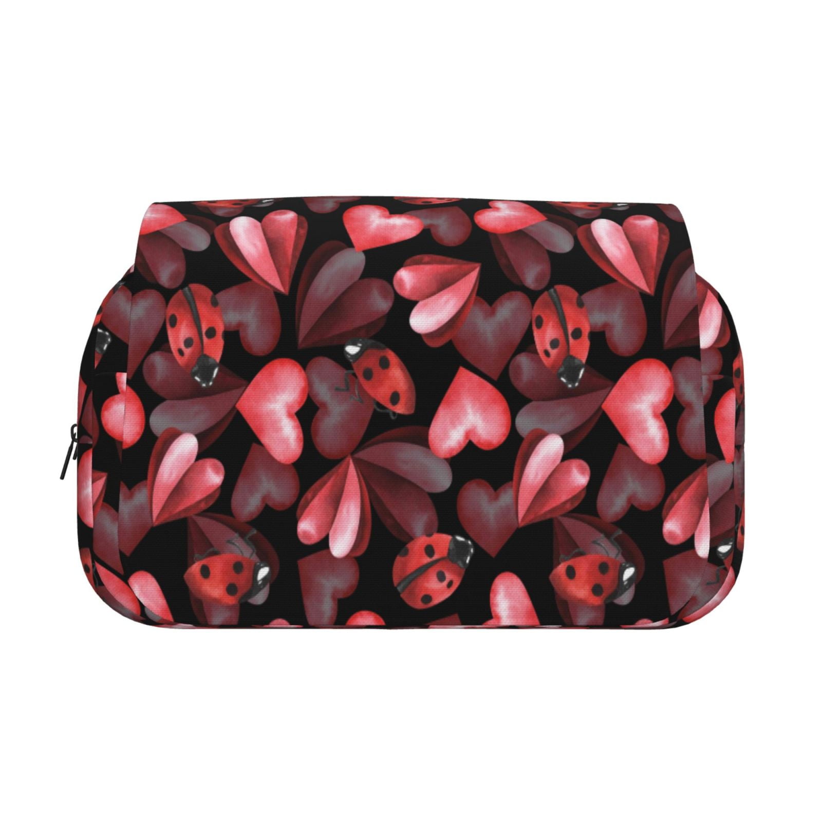 Rateoe Ladybugs and Red Hearts Pattern Double Clamshell Pen Case, Storage Organizer with Two Zipper Compartments– Holds Up to 50 Pencils & Pens