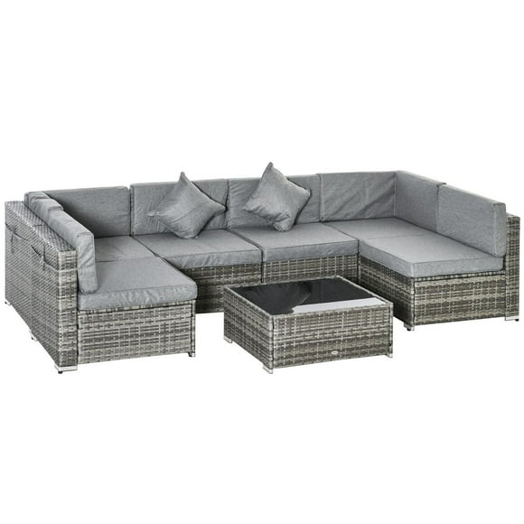 Outsunny 7 Pieces Patio Furniture Set with Cushions, PE Rattan Outdoor Conversation Set, Sectional Furniture Sofa Set with Glass Top Coffee Table and Pillows, for Garden, Lawn, Deck, Grey