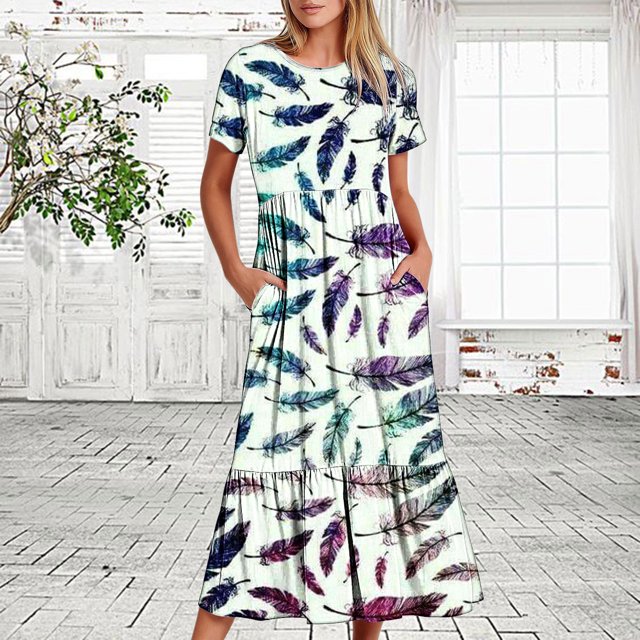 LOVZFMLL Robe d'Été Décontractée pour Femme à Manches Courtes et Col Rond, Robe Longue Fluide à Étages pour la Plage avec Poches, Robe Imprimée Blanche G