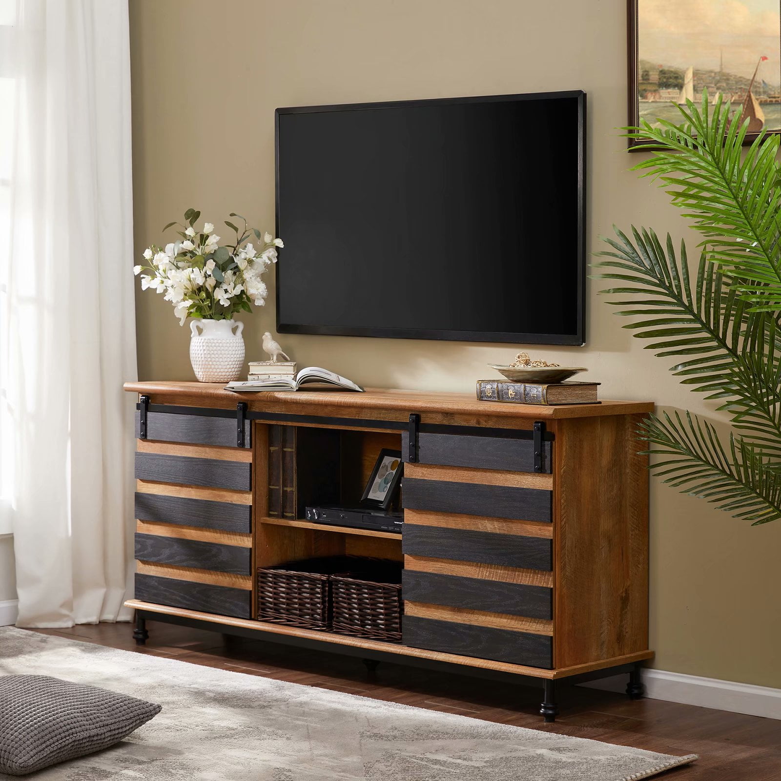 WAMPAT Farmhouse TV Stand for TVs up to 65" Entertainment Center and TV