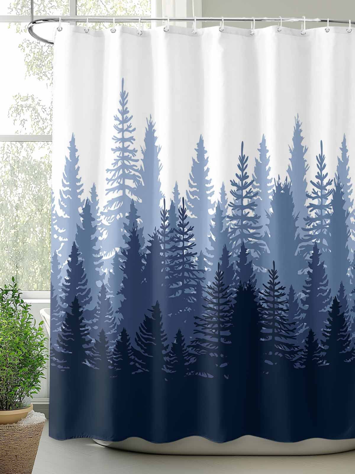 Navy Blue Ombre Extra Long Shower Curtain Set, Waterproof Shower Curtains for Bathroom, Primeval Forest Modern Abstract Art Aesthetics Washable Fabric Bath Curtain for Bathtub with Hooks 72x96 Inches