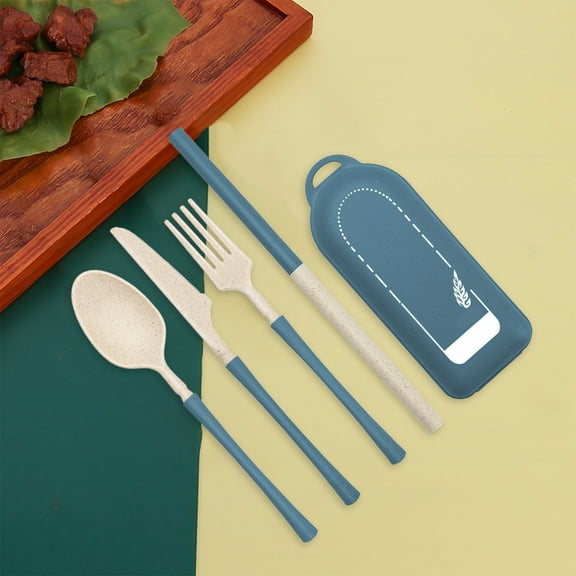 XYRSRUW Wheat Straw Tableware Set, Eco-Friendly Portable Dining Set for Students, Outdoor Camping Cutlery Kit, Lightweight Travel Utensils with Storage Box(Blue)