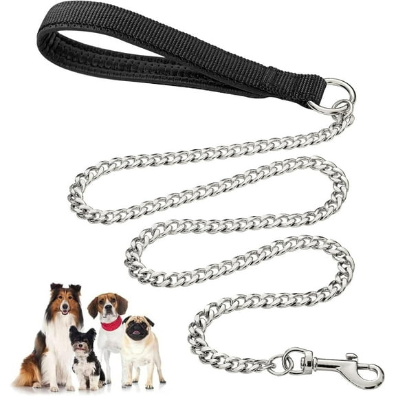 Heavy Duty Metal Dog Leash, 4 FT Chew Proof Pet Leash Chain with Soft Padded Handle for Large & Medium Size Dogs (4 FTx3 mm (0-80 lbs))