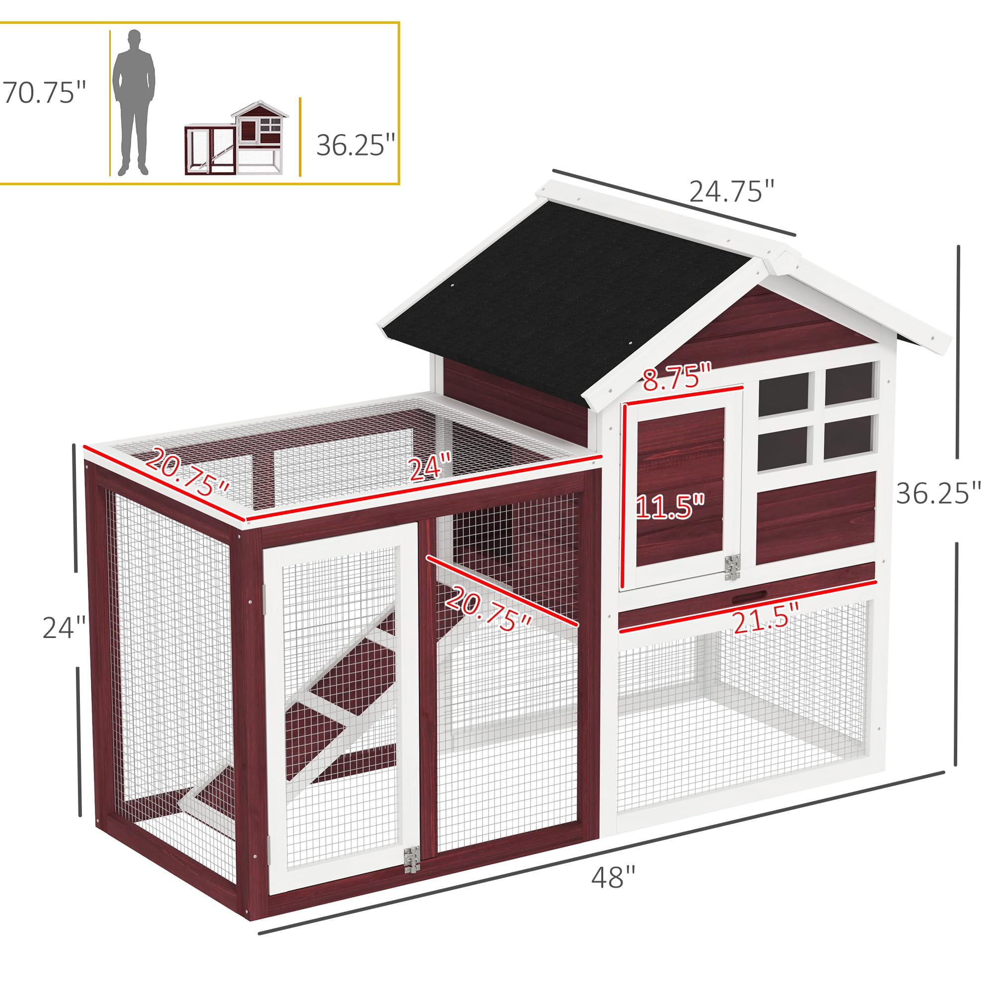 48 Inch Wooden Rabbit Hutch Bunny Cage with Waterproof Asphalt Roof, Outdoor Run for Rabbits, Removable Tray and Ramp, Easy Cleaning, Brown