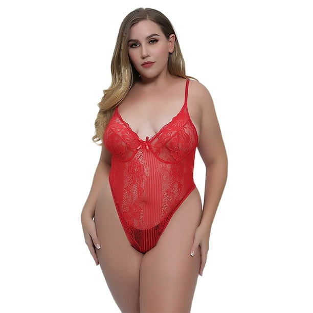 Women Floral Embroidery See Through Comfortable Bodysuit Plus Size