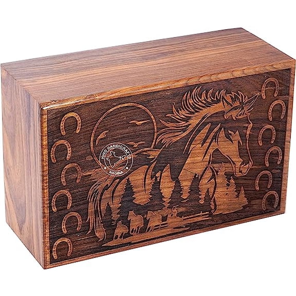 Handcrafted Rising Sun Wooden Cremation Urns for Human Ashes Adult Large - Tree of Life Funeral Urn Box - Horse Burial Urns for Columbarium (250 LB - Rosewood, Horseshoe)