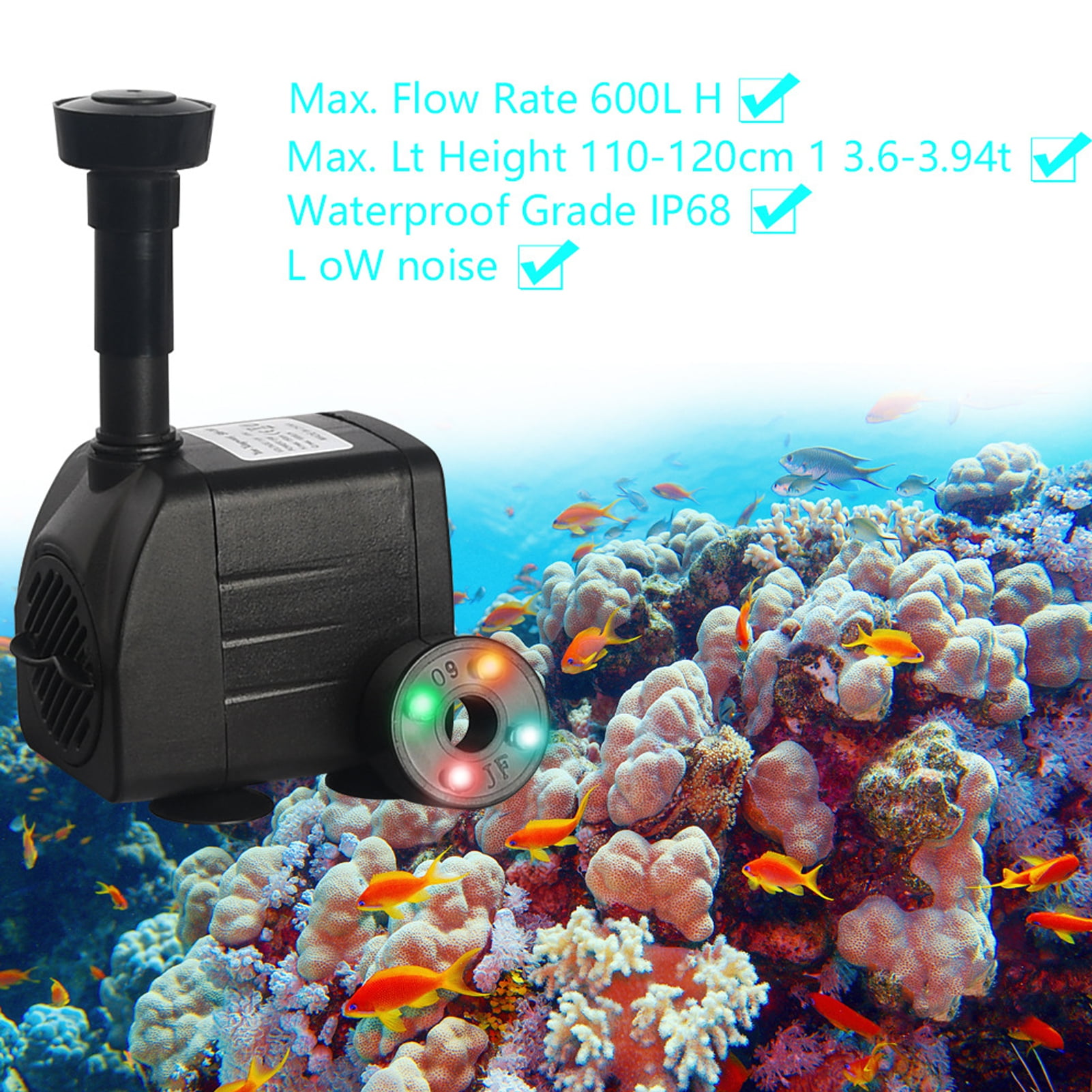 AYYUFE Fountain Pump with LED Light 12 Lamp Beads Strong Suction Cup Hydroponics Garden Pond Fish Tank Aquarium Pump 3-in-1 Ultra Quiet Adjustable Water Pump Indoor Outdoor