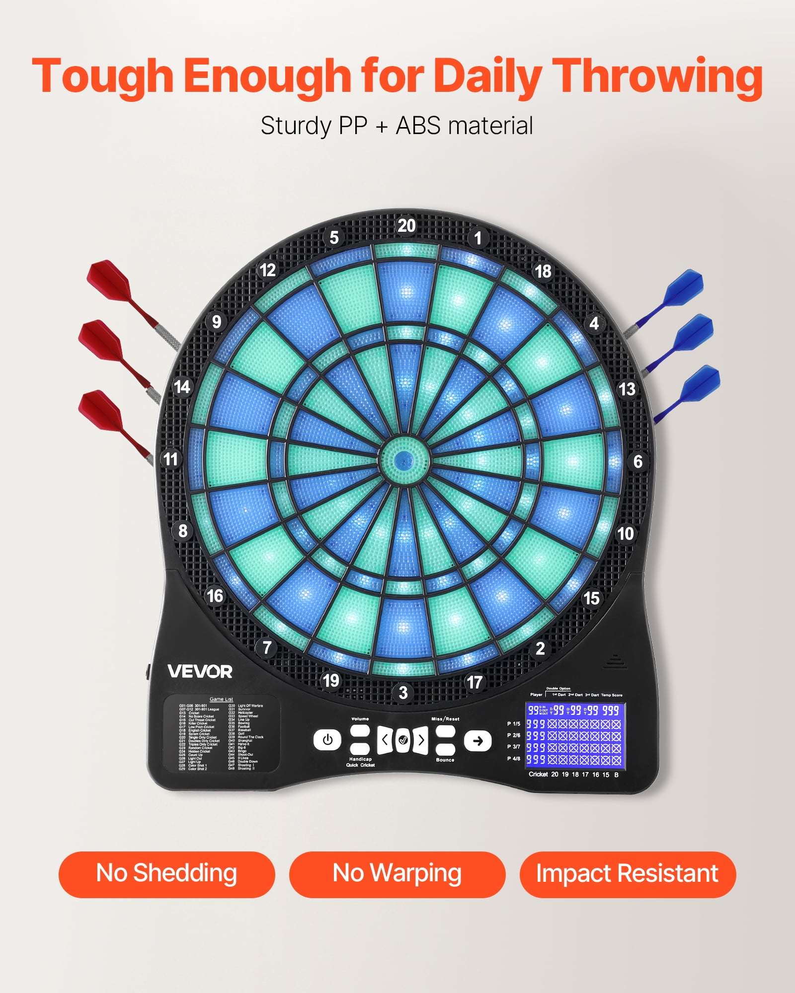 VEVOR Electronic Dart Board,LED-Illuminated Target Dartboard with 48 Games & 500+ Variations,Includes 6 Dart Shafts with Flights & 50 Soft Tips,Cricket Scoring LCD Screen - Supports Up to 8 Players