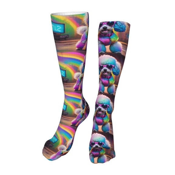 KLL Rainbow Poodle Urban Street Print Cool Socks Men's Women's Crew Socks Funny Crazy Novelty Stockings