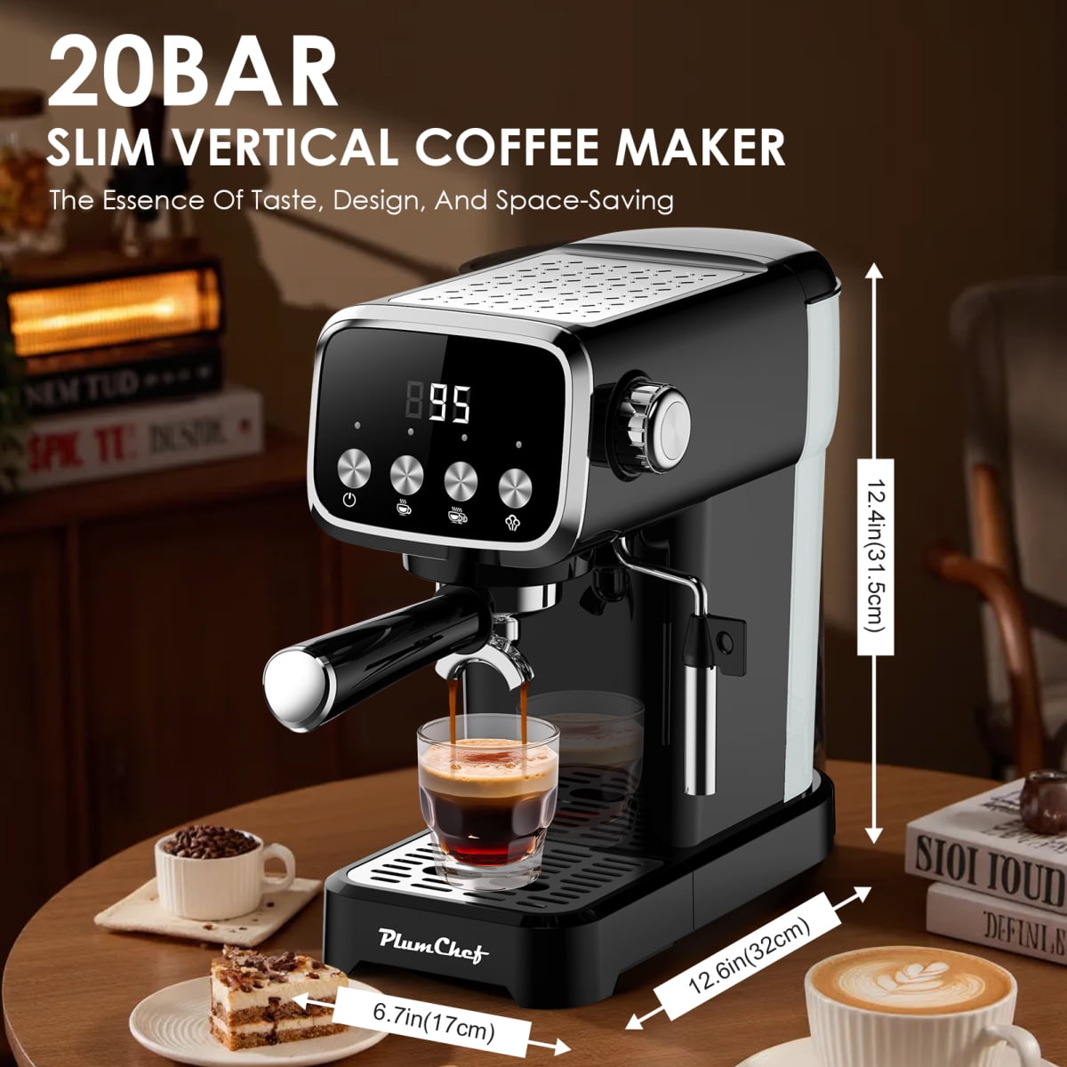 20BAR Slim Vertical Espresso Machine with Milk Frother, Built-in Cup Warmer, 43 OZ Detachable Tank, for Rich Espresso, Americano, Latte, Compact Space-Saving Design, Screen Button,Black