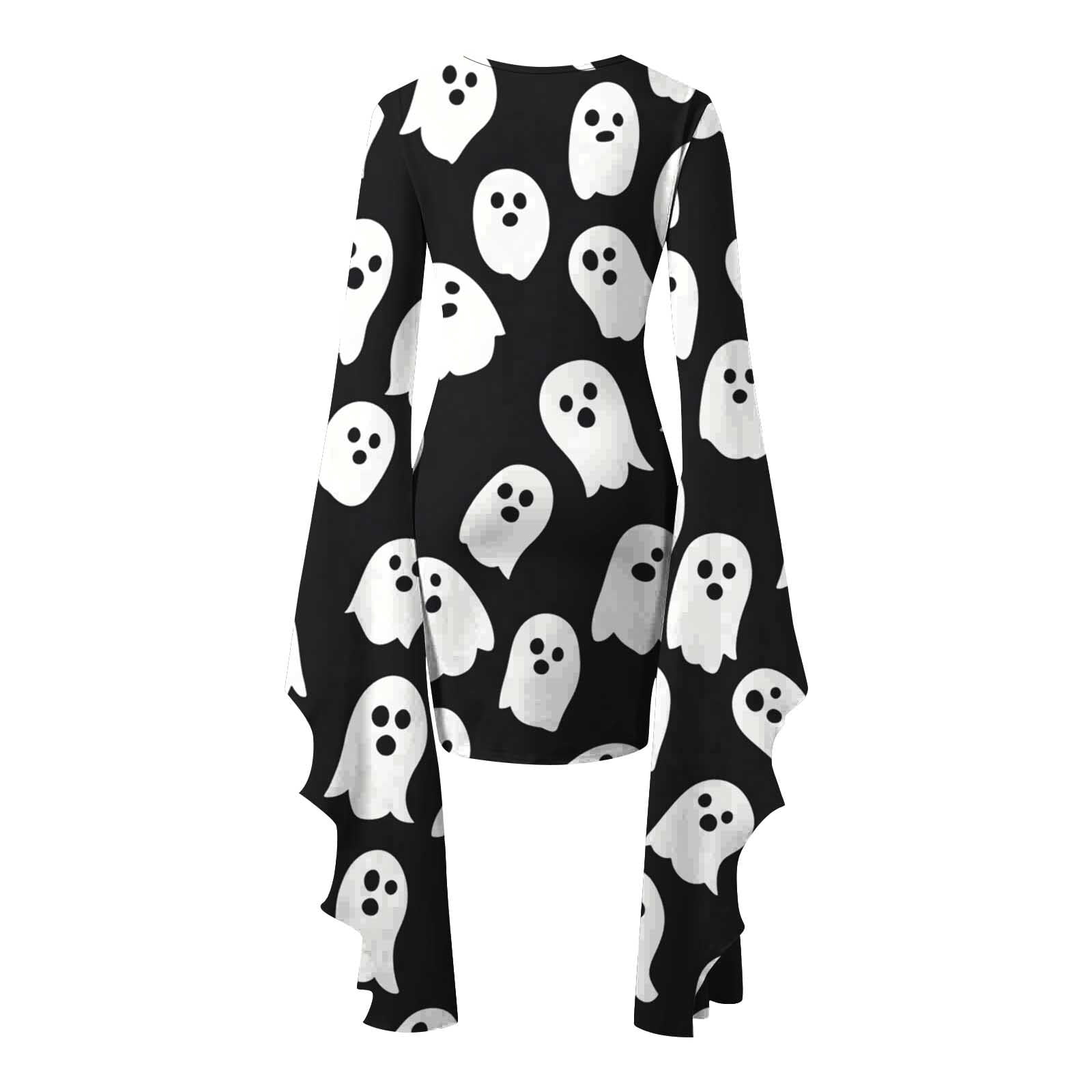 Womens Halloween Costumes Ghost Printed Bodycon Mini Dress Batwing Sleeve Crew Neck Masquerade Dresses Scream Costume
