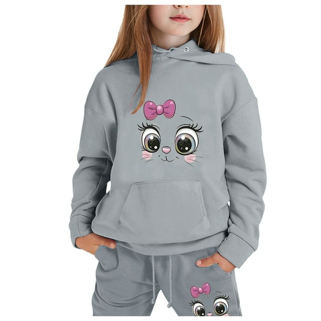 FhsagQ Ensembles pour Filles Mode pour Enfants Décontractée Imprimée Haut à Capuche à Manches Longues Chandail à Capuchon Pantalon Ensemble Filles Tenues de Printemps Taille 6/6X Pâques Gris 3-4 Ans