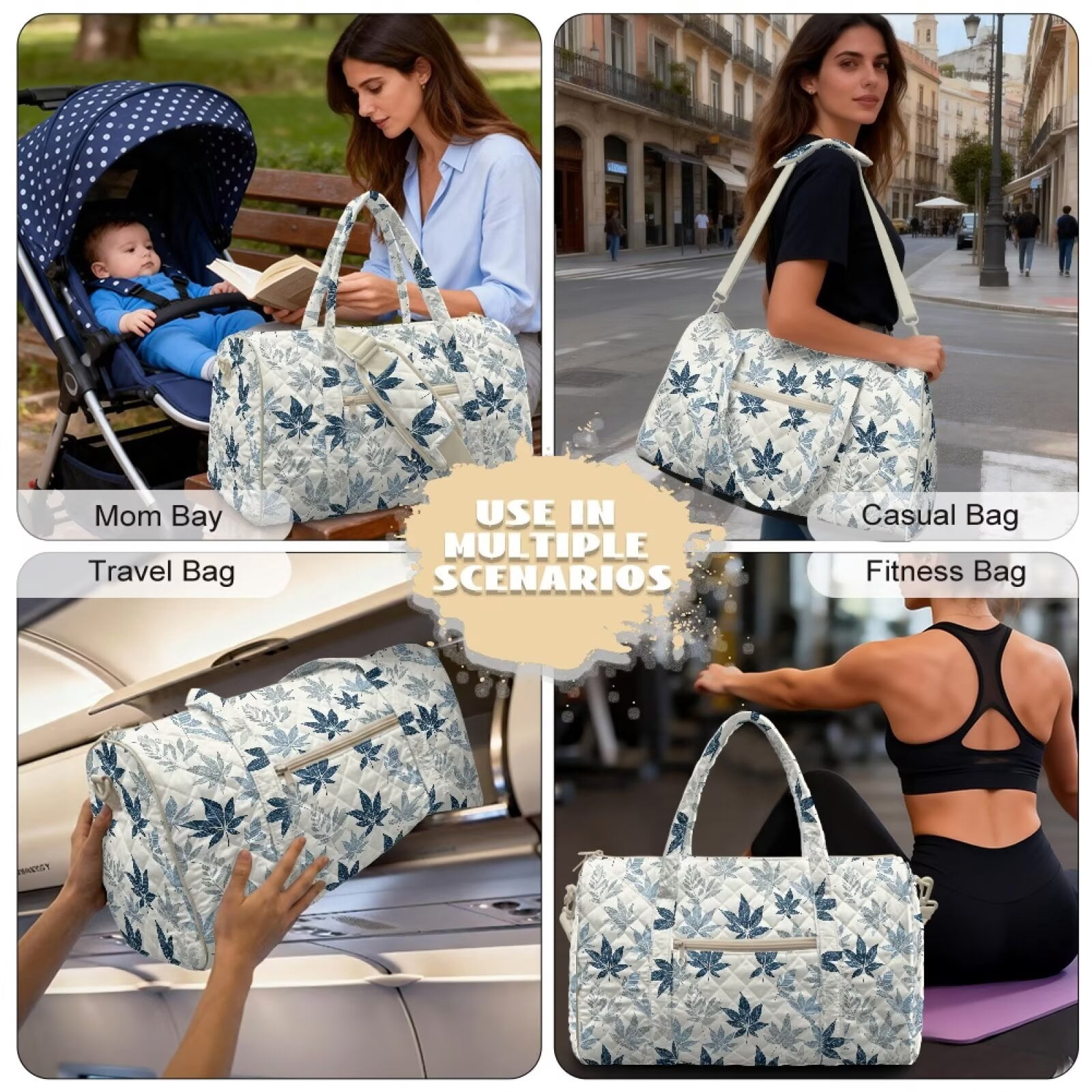 Xixirimido Women Quilted Travel Duffle Bag Duffel Overnight Bags Large Carry on Tote Bag Weekender Traveling Yoga Gym Hospital Bag, Abstract Leaves