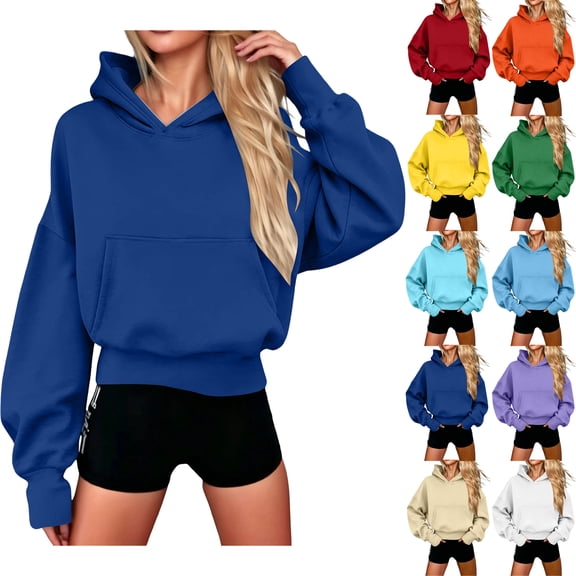 SYwaren Women's Cropped Pullover Hoodie Plus Size Long Sleeve Casual Sweatshirt Solid Color Banded Hem Tops