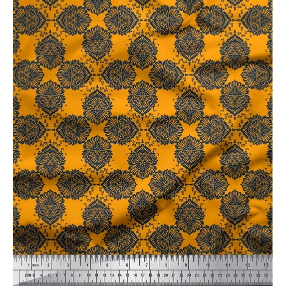 Soimoi Polyester Crepe Fabric Floral Block Printed Fabric 1 Yard 52 Inch Wide