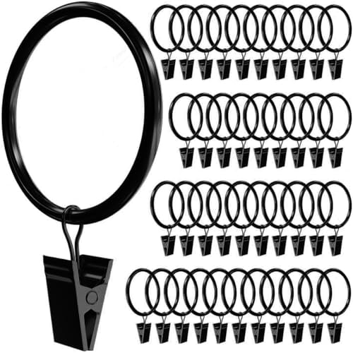 40 PCS Curtain Rings with Clips,Curtain Clip Rings Hooks,1.5 inch Diameter fits up to 1.2 inch Rod,Metal Stainless Steel Drapery Rings for Hanging Drapes Bows Hat（Vintage Black）