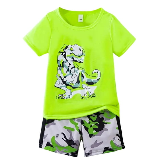 WOYY Summer Boys Casual Outfits Dinosaur Print Short Sleeve T-Shirt Shorts Set for Kids, Sizes 3-12