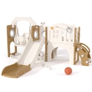 XJD 11 in 1 Toddler Slide and Swing Set - Baby Slide for Toddlers 1-3, Indoor Outdoor Toddler Playset Playground, Coffee