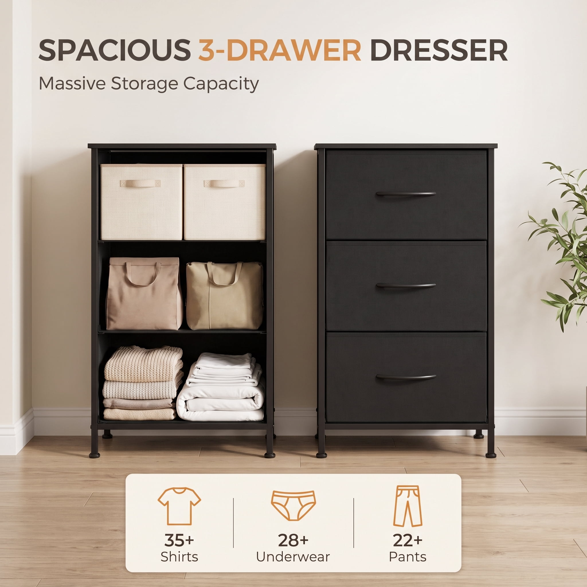 TrumanPick Fabric Storage Drawer Bedroom Dresser, Fabric Dresser for Closet, 3 Fabric Dresser with 3 Storage Drawers for Clothes, Living Room, Hallway, Entryway, Black