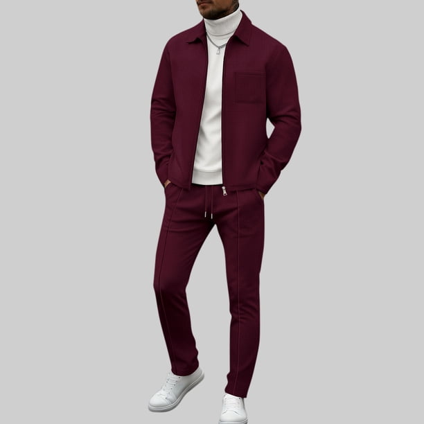 Ceisia Men's Slim Fit Waffle Knit 2-Piece Set Long Sleeve Zip-Up Jacket with Elastic Waist Drawstring Pants Gifts