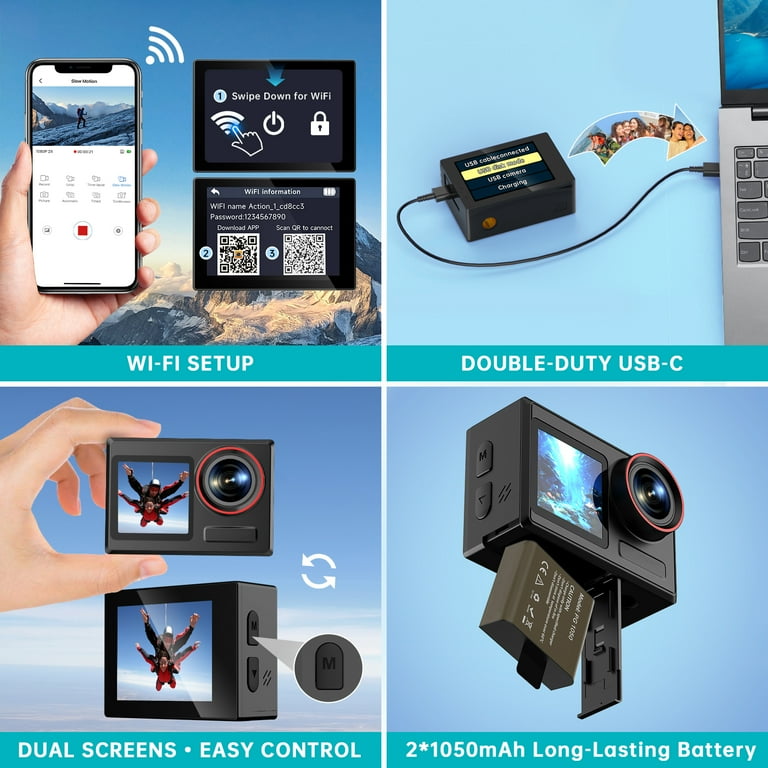 Froura Action Camera 4K 60FPS, 30MP, 132FT Waterproof, Dual