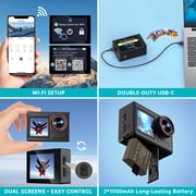 Action Camera 4K 60FPS 30MP with Front LCD and Rear Touchscreen, Underwater Camera 132FT Waterproof with 64GB Card,EIS,5X Zoom, 2.4G Wifi Remote Control,Vlog Cam,Dual Batteries,Mount Kit